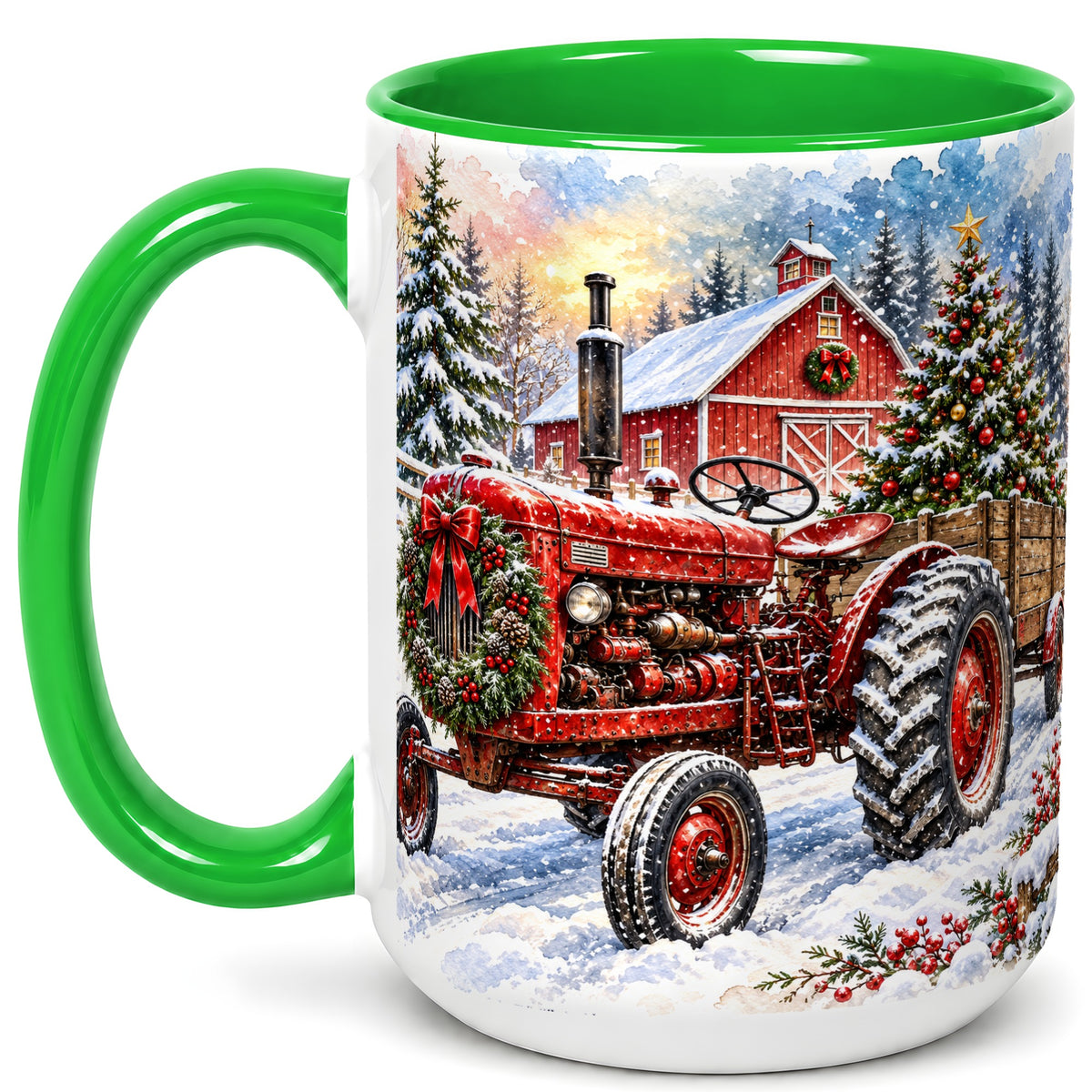 #pl[15oz|Green] Christmas Tractor Coffee Mug, Snowy Farm Mug, Ceramic Cup