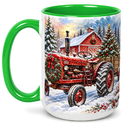 #pl[15oz|Green] Christmas Tractor Coffee Mug, Snowy Farm Mug, Ceramic Cup