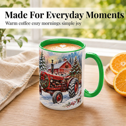 #pl[15oz|Green] Christmas Tractor Coffee Mug, Snowy Farm Mug, Ceramic Cup