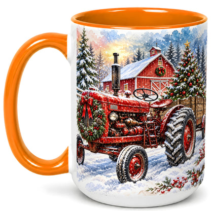 #pl[15oz|Orange] Christmas Tractor Coffee Mug, Snowy Farm Mug, Ceramic Cup