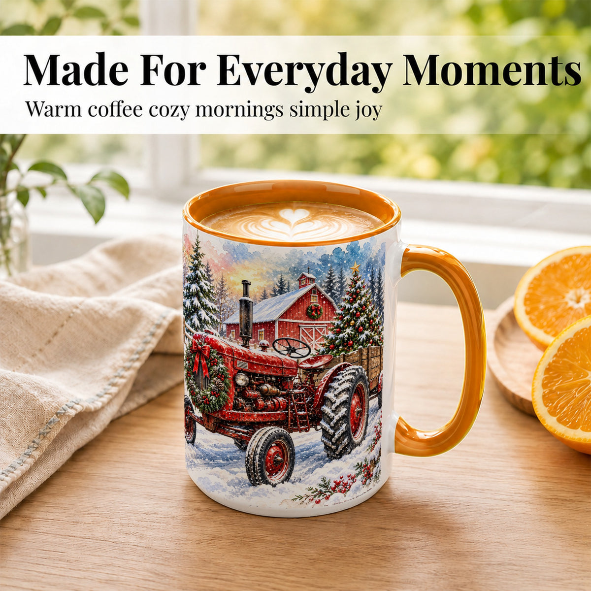#pl[15oz|Orange] Christmas Tractor Coffee Mug, Snowy Farm Mug, Ceramic Cup