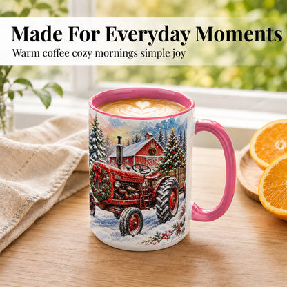 #pl[15oz|Pink] Christmas Tractor Coffee Mug, Snowy Farm Mug, Ceramic Cup