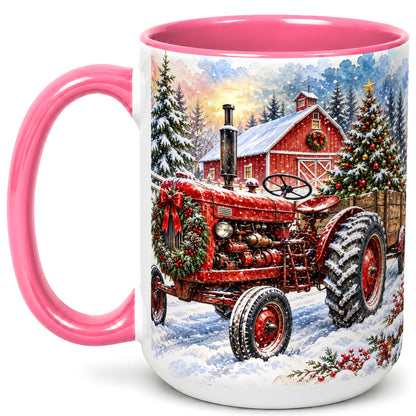 #pl[15oz|Pink] Christmas Tractor Coffee Mug, Snowy Farm Mug, Ceramic Cup