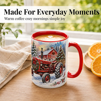 #pl[15oz|Red] Christmas Tractor Coffee Mug, Snowy Farm Mug, Ceramic Cup