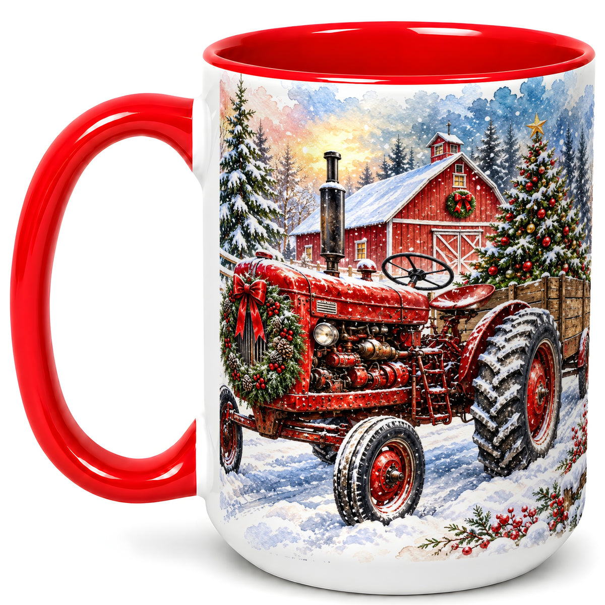 #pl[15oz|Red] Christmas Tractor Coffee Mug, Snowy Farm Mug, Ceramic Cup