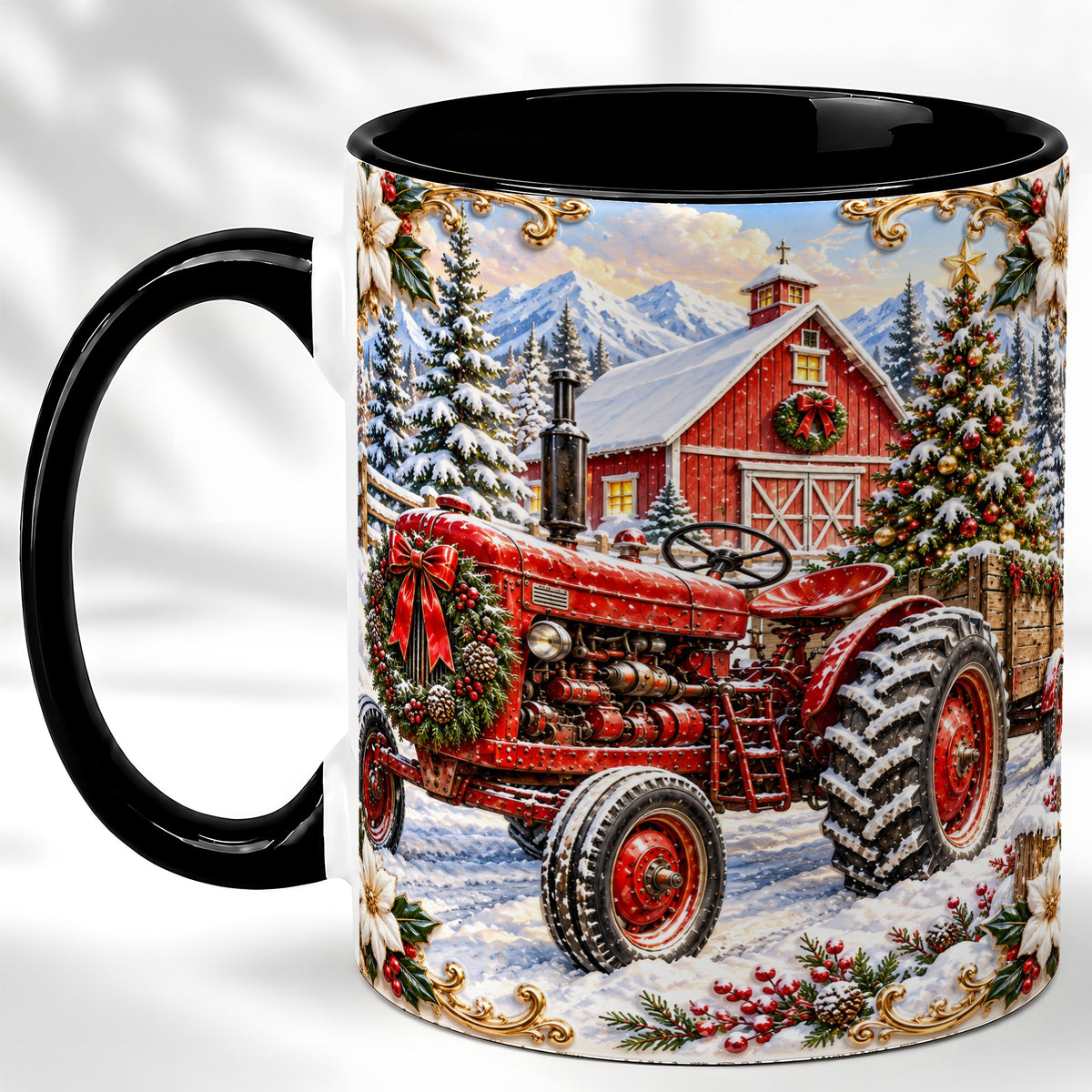 #pl[11oz|Black] Ornate Christmas Tractor Coffee Mug, Farm Holiday Mug, Ceramic Cup