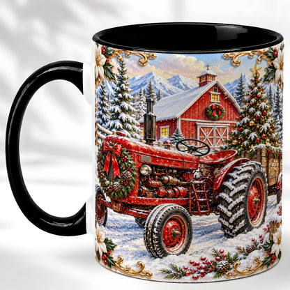#pl[11oz|Black] Ornate Christmas Tractor Coffee Mug, Farm Holiday Mug, Ceramic Cup
