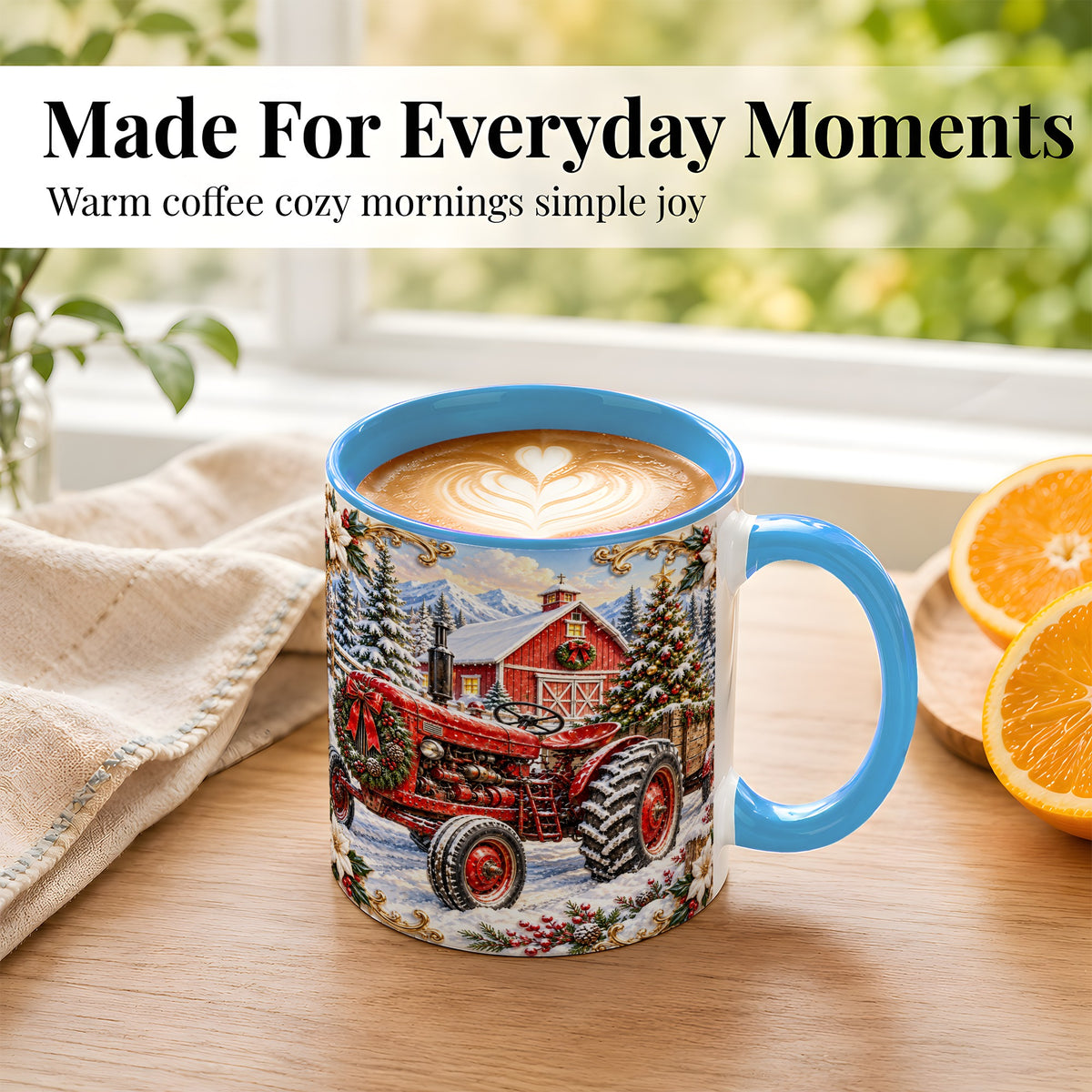 #pl[11oz|Blue] Ornate Christmas Tractor Coffee Mug, Farm Holiday Mug, Ceramic Cup