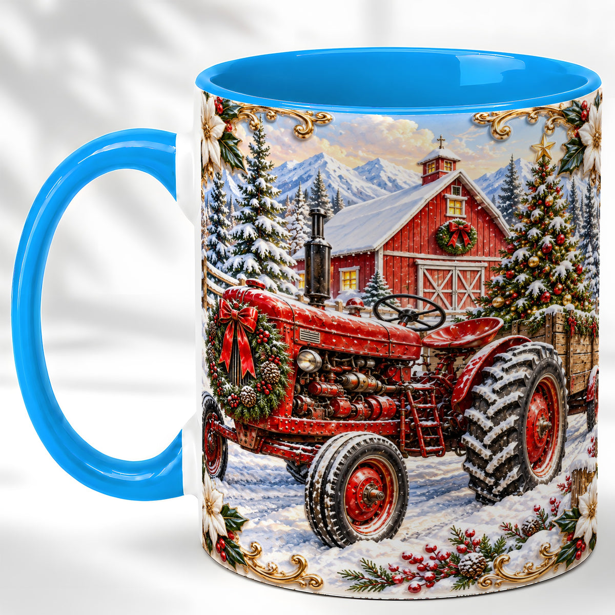 #pl[11oz|Blue] Ornate Christmas Tractor Coffee Mug, Farm Holiday Mug, Ceramic Cup