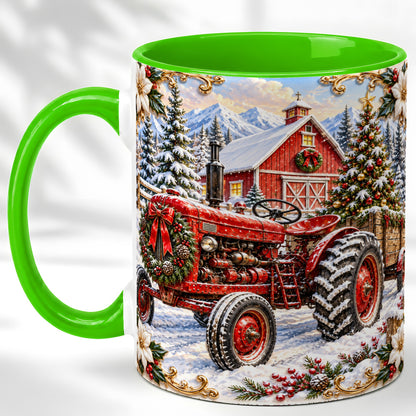 #pl[11oz|Green] Ornate Christmas Tractor Coffee Mug, Farm Holiday Mug, Ceramic Cup