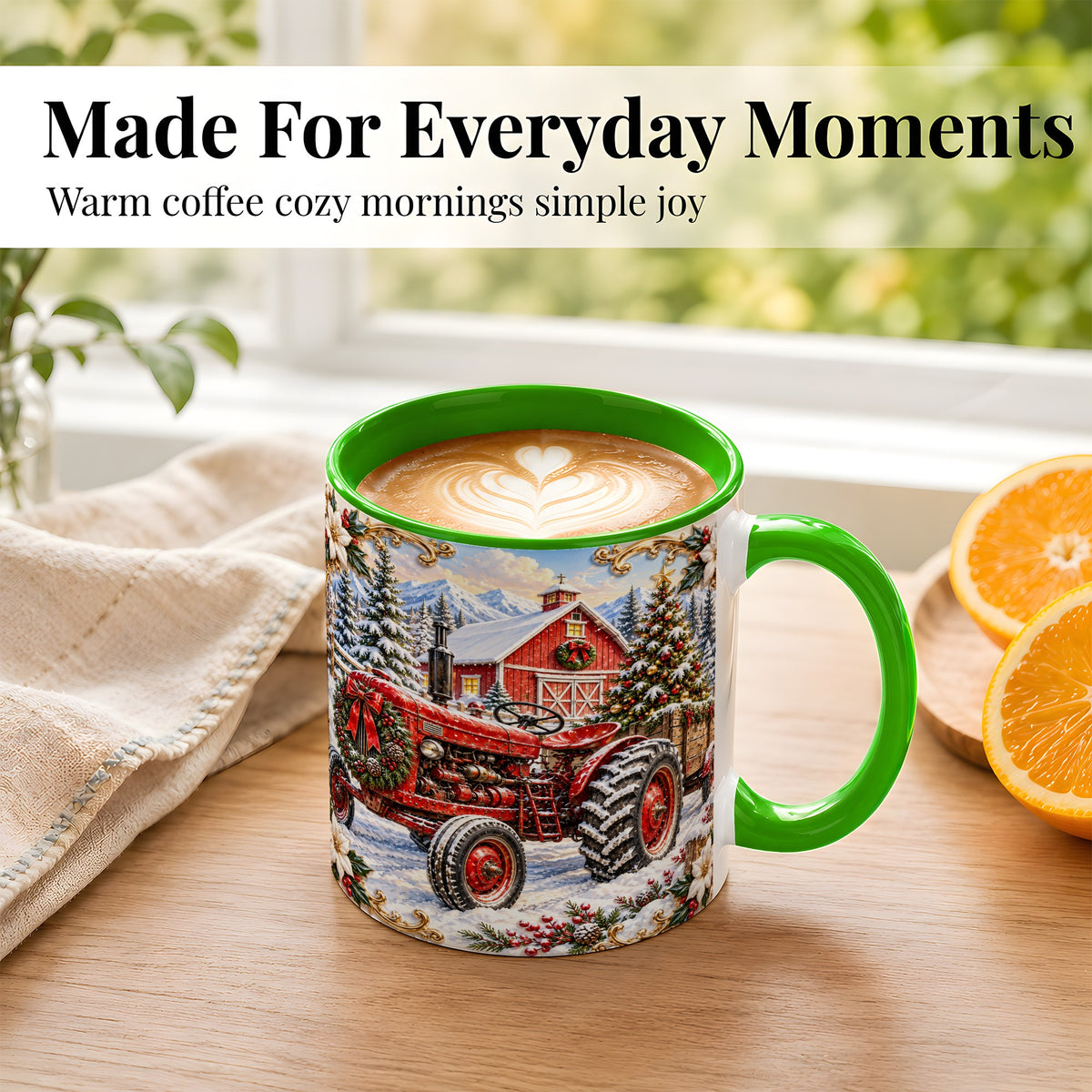 #pl[11oz|Green] Ornate Christmas Tractor Coffee Mug, Farm Holiday Mug, Ceramic Cup