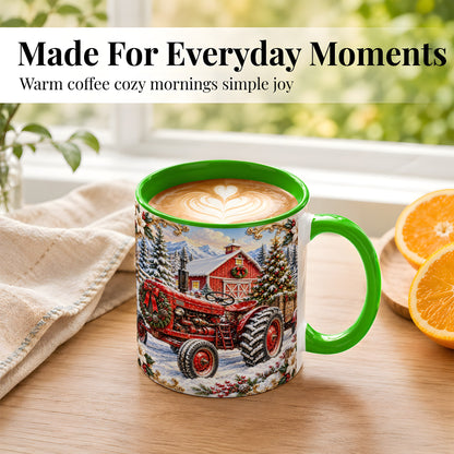 #pl[11oz|Green] Ornate Christmas Tractor Coffee Mug, Farm Holiday Mug, Ceramic Cup