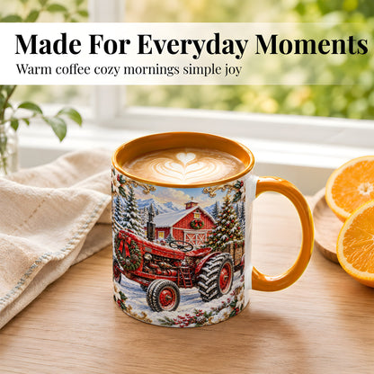 #pl[11oz|Orange] Ornate Christmas Tractor Coffee Mug, Farm Holiday Mug, Ceramic Cup