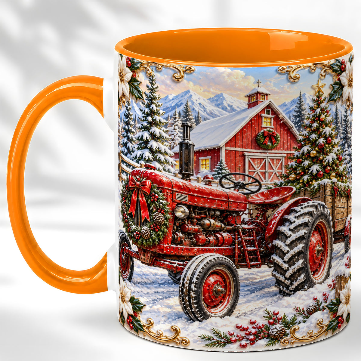 #pl[11oz|Orange] Ornate Christmas Tractor Coffee Mug, Farm Holiday Mug, Ceramic Cup