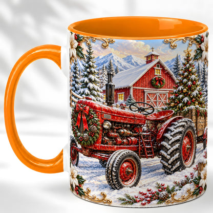 #pl[11oz|Orange] Ornate Christmas Tractor Coffee Mug, Farm Holiday Mug, Ceramic Cup