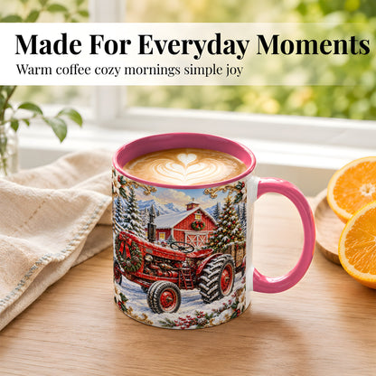 #pl[11oz|Pink] Ornate Christmas Tractor Coffee Mug, Farm Holiday Mug, Ceramic Cup