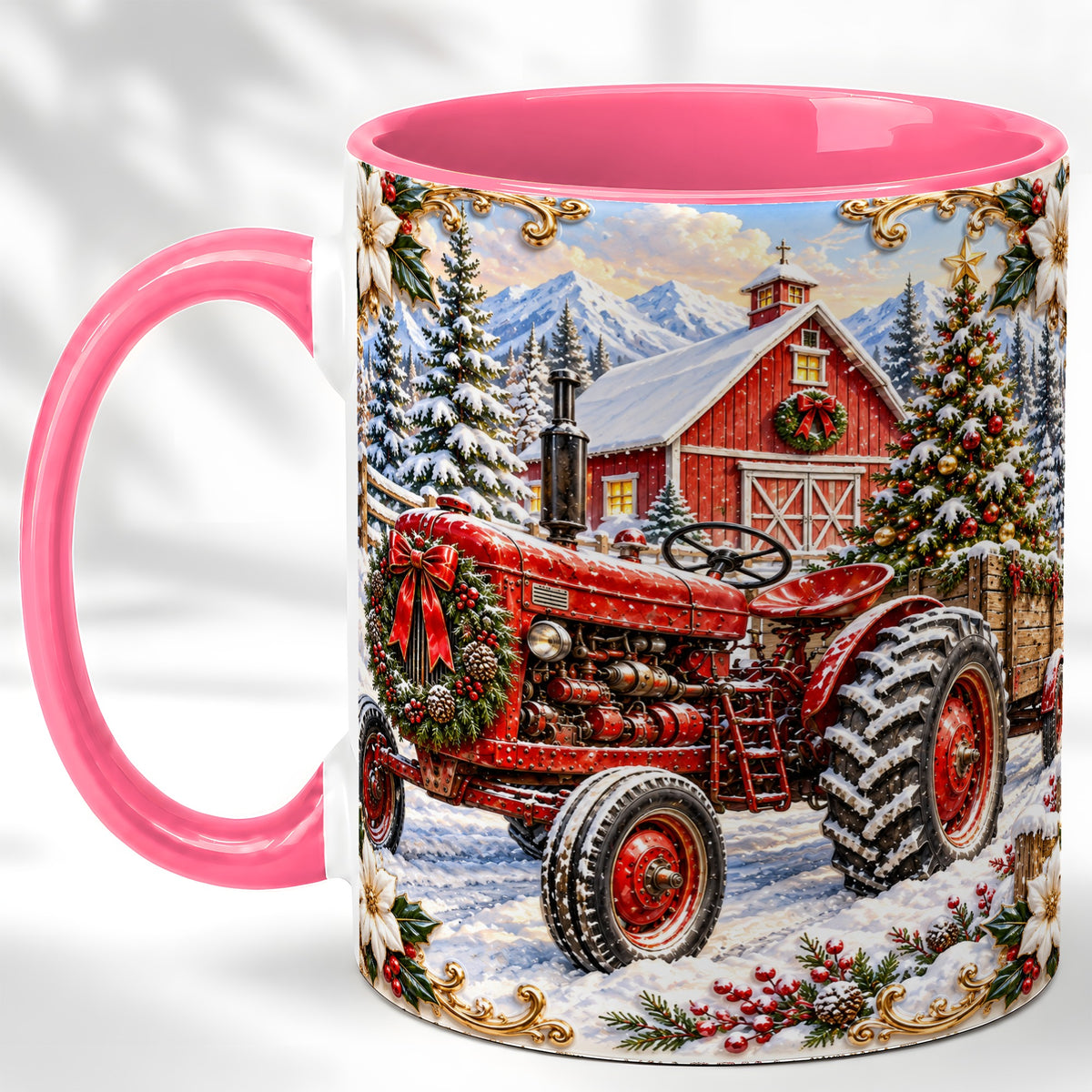 #pl[11oz|Pink] Ornate Christmas Tractor Coffee Mug, Farm Holiday Mug, Ceramic Cup