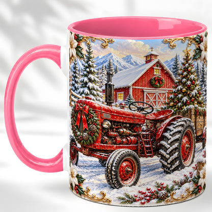 #pl[11oz|Pink] Ornate Christmas Tractor Coffee Mug, Farm Holiday Mug, Ceramic Cup