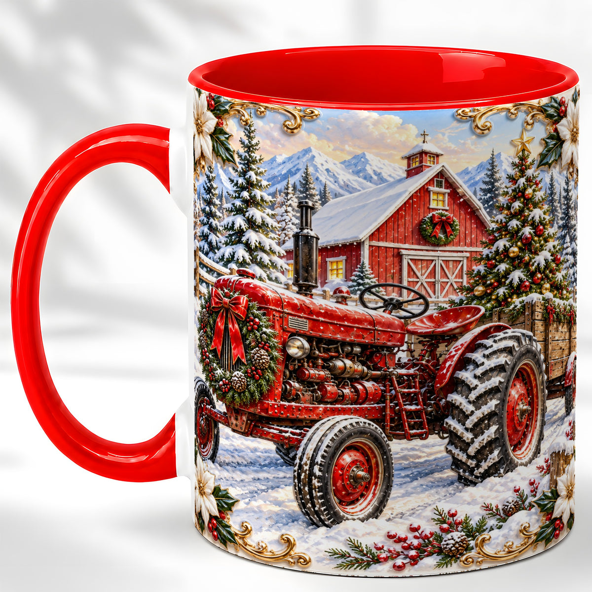 Ornate Christmas Tractor Coffee Mug, Farm Holiday Mug, Ceramic Cup