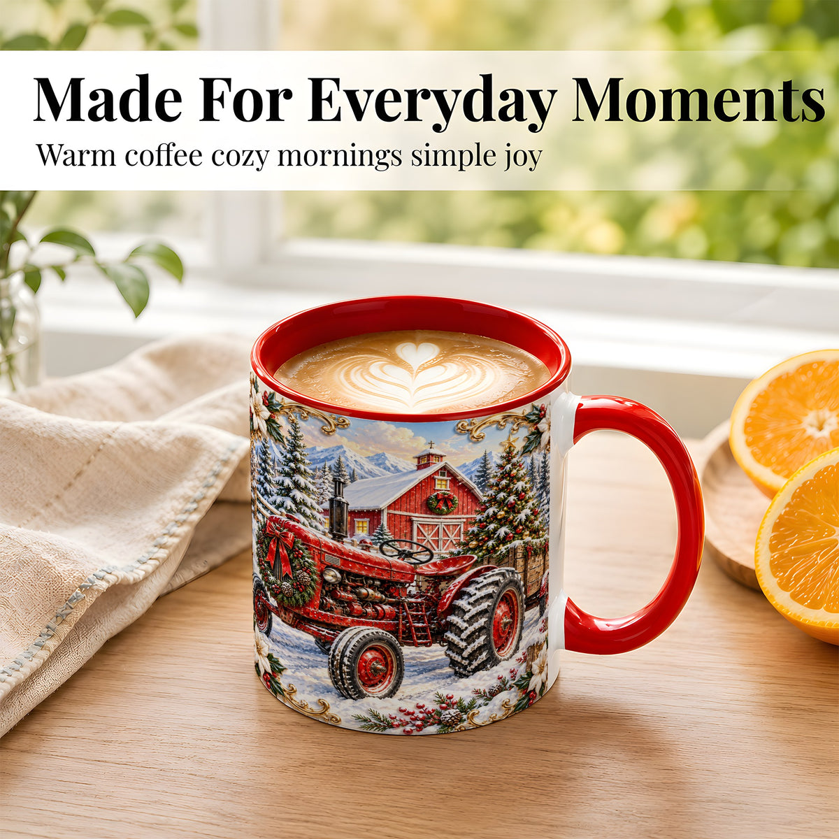 #pl[11oz|Red] Ornate Christmas Tractor Coffee Mug, Farm Holiday Mug, Ceramic Cup