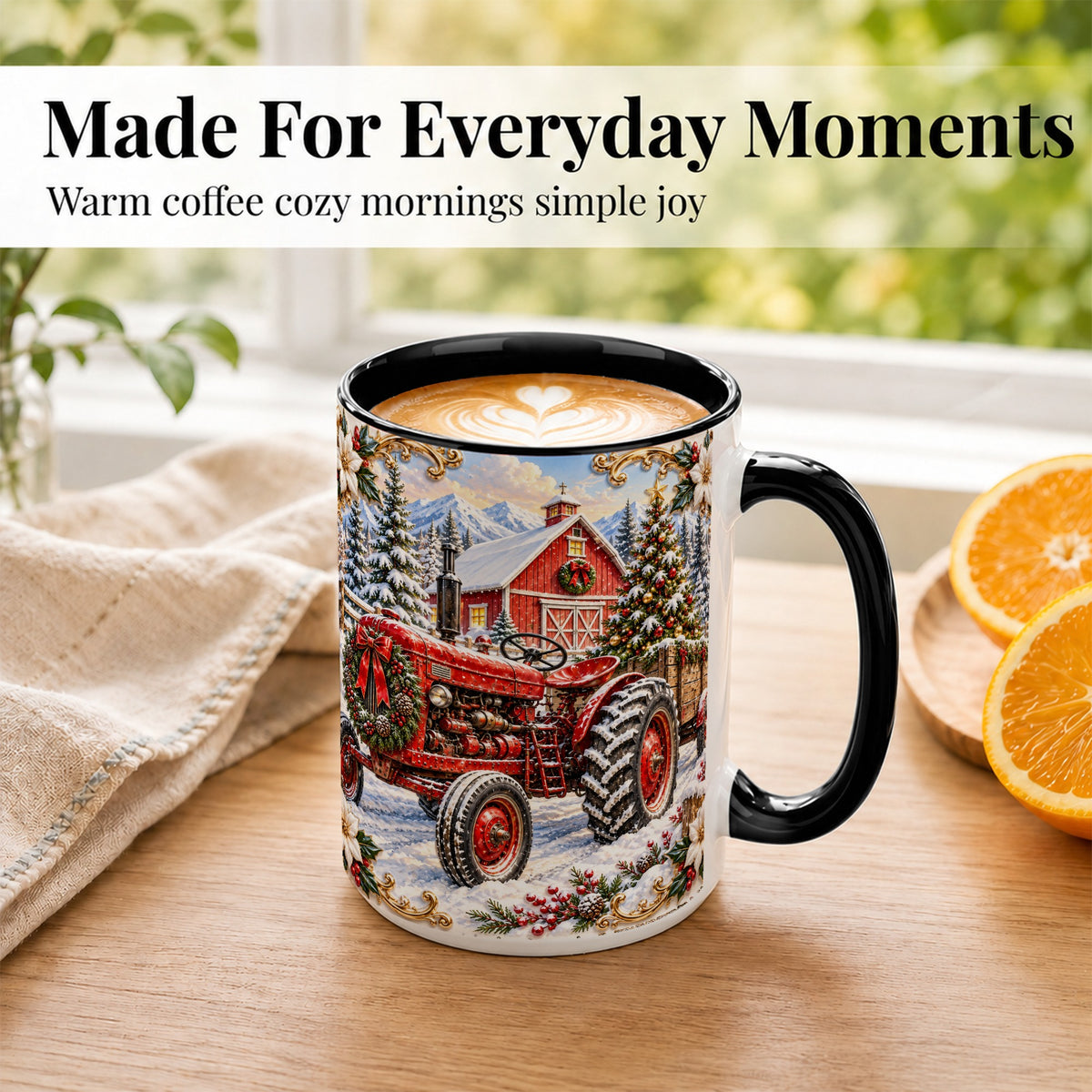 #pl[15oz|Black] Ornate Christmas Tractor Coffee Mug, Farm Holiday Mug, Ceramic Cup