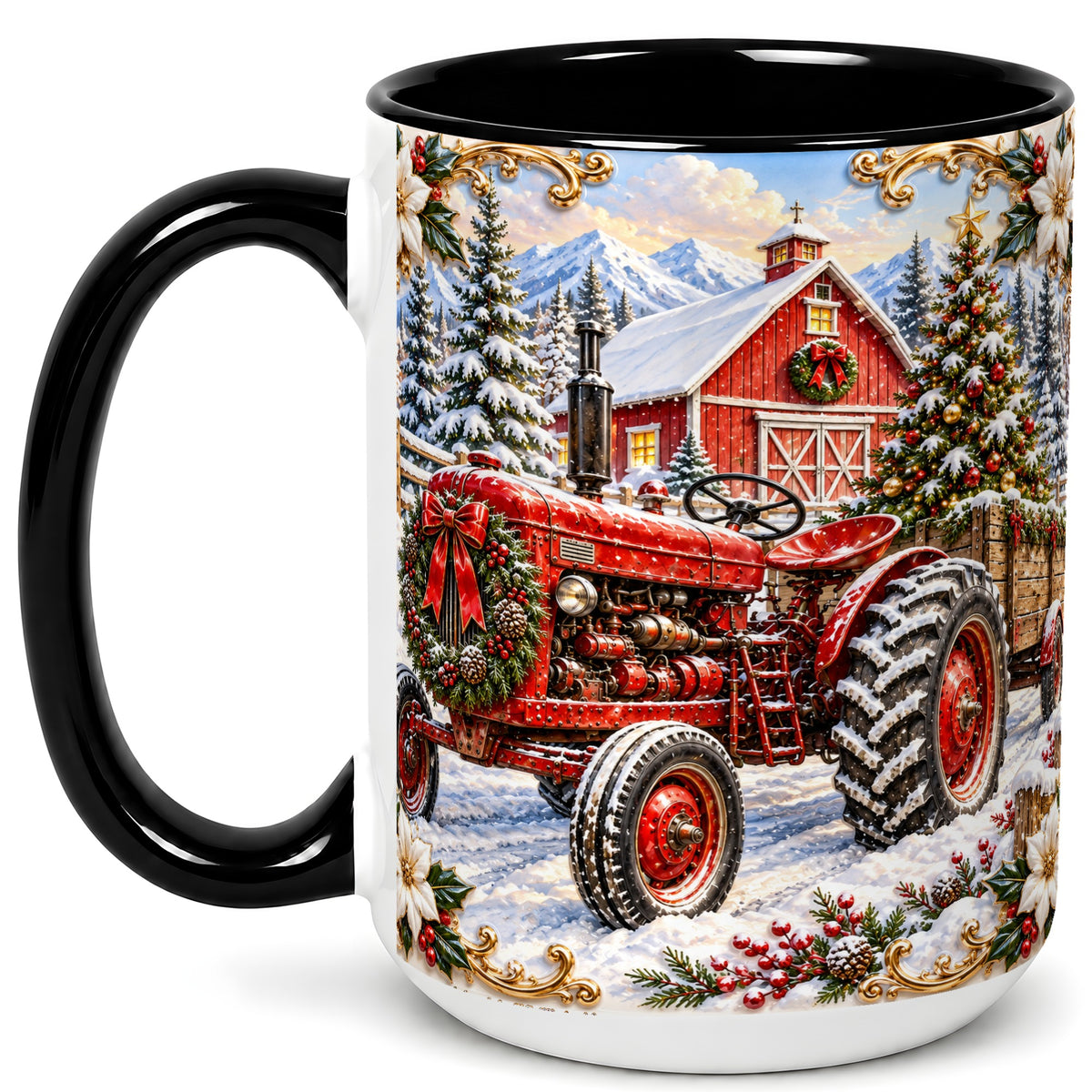 #pl[15oz|Black] Ornate Christmas Tractor Coffee Mug, Farm Holiday Mug, Ceramic Cup