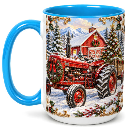 #pl[15oz|Blue] Ornate Christmas Tractor Coffee Mug, Farm Holiday Mug, Ceramic Cup