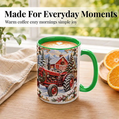 #pl[15oz|Green] Ornate Christmas Tractor Coffee Mug, Farm Holiday Mug, Ceramic Cup