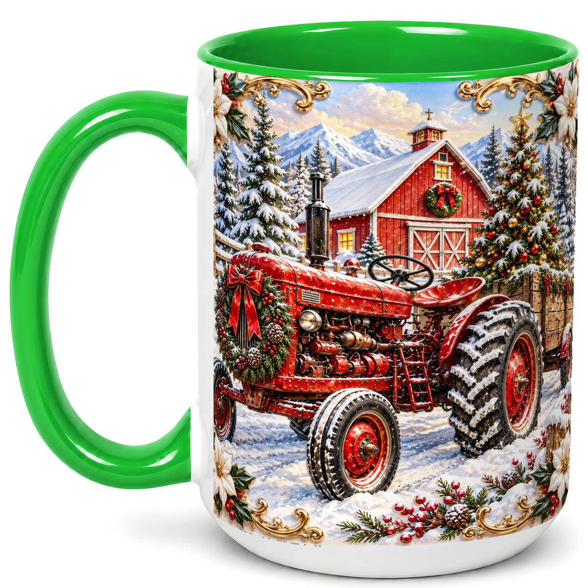 #pl[15oz|Green] Ornate Christmas Tractor Coffee Mug, Farm Holiday Mug, Ceramic Cup
