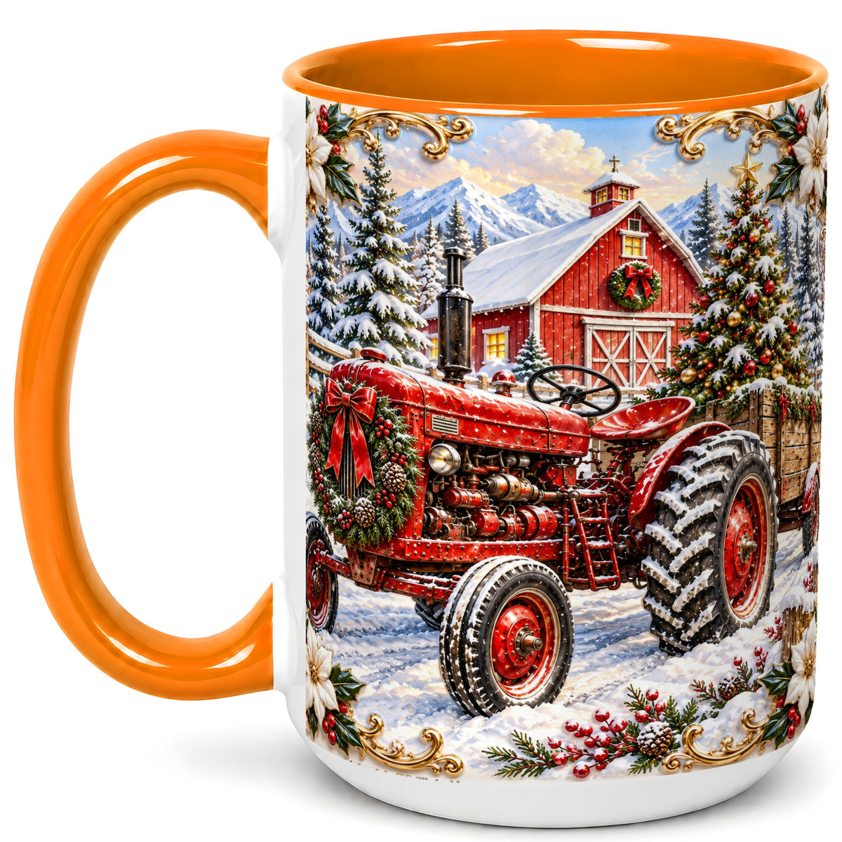 #pl[15oz|Orange] Ornate Christmas Tractor Coffee Mug, Farm Holiday Mug, Ceramic Cup