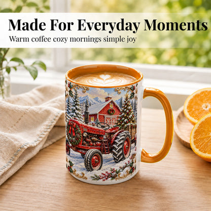 #pl[15oz|Orange] Ornate Christmas Tractor Coffee Mug, Farm Holiday Mug, Ceramic Cup