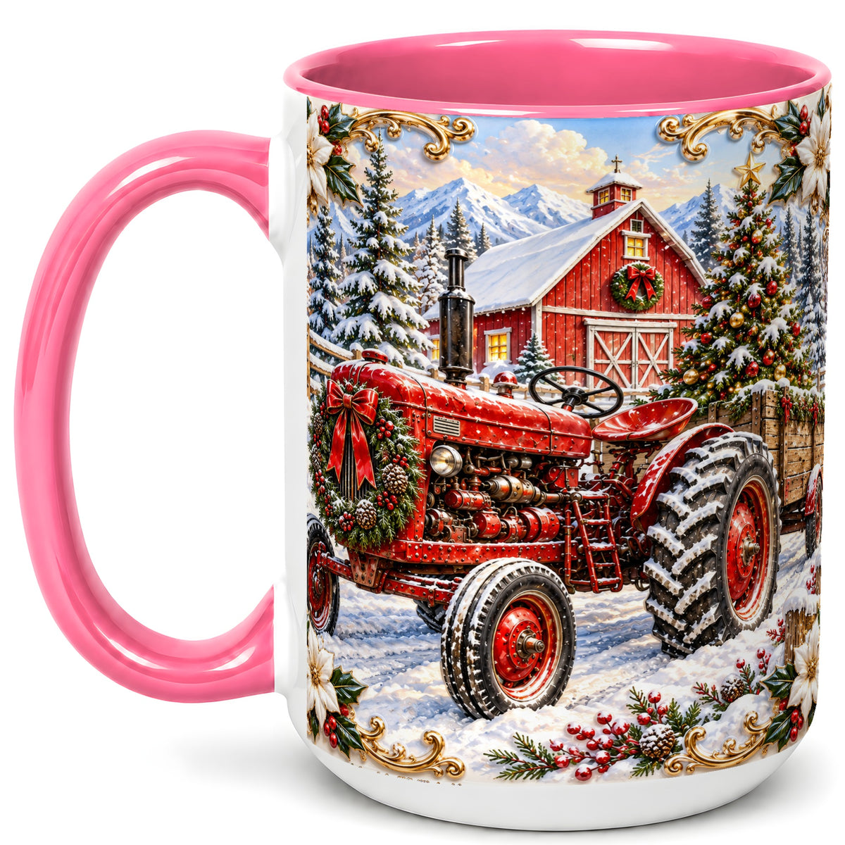 #pl[15oz|Pink] Ornate Christmas Tractor Coffee Mug, Farm Holiday Mug, Ceramic Cup