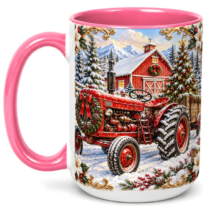 #pl[15oz|Pink] Ornate Christmas Tractor Coffee Mug, Farm Holiday Mug, Ceramic Cup