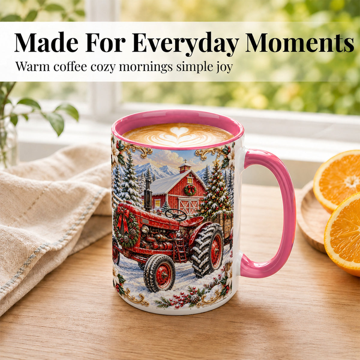 #pl[15oz|Pink] Ornate Christmas Tractor Coffee Mug, Farm Holiday Mug, Ceramic Cup
