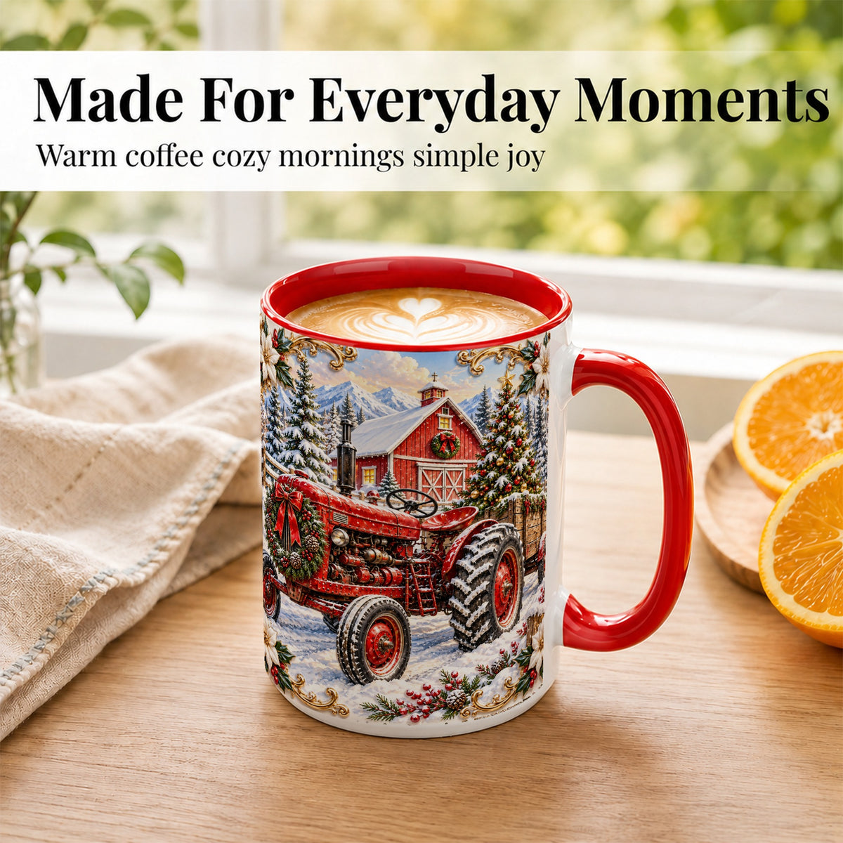 #pl[15oz|Red] Ornate Christmas Tractor Coffee Mug, Farm Holiday Mug, Ceramic Cup