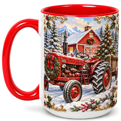 #pl[15oz|Red] Ornate Christmas Tractor Coffee Mug, Farm Holiday Mug, Ceramic Cup