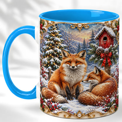 #pl[11oz|Blue] Christmas Fox Coffee Mug, Snowy Woodland Fox Mug, Ceramic Cup