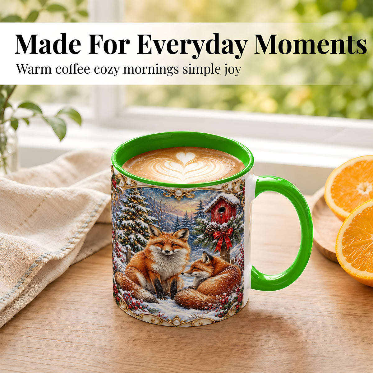 #pl[11oz|Green] Christmas Fox Coffee Mug, Snowy Woodland Fox Mug, Ceramic Cup