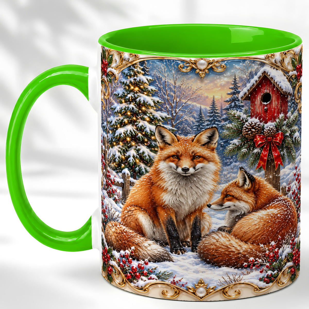 #pl[11oz|Green] Christmas Fox Coffee Mug, Snowy Woodland Fox Mug, Ceramic Cup