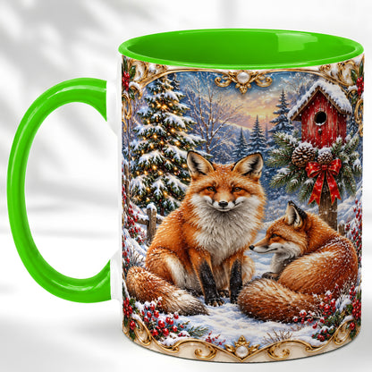#pl[11oz|Green] Christmas Fox Coffee Mug, Snowy Woodland Fox Mug, Ceramic Cup