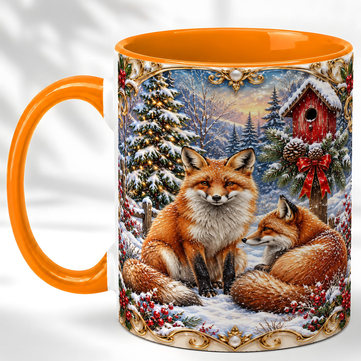 #pl[11oz|Orange] Christmas Fox Coffee Mug, Snowy Woodland Fox Mug, Ceramic Cup