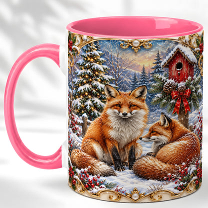 #pl[11oz|Pink] Christmas Fox Coffee Mug, Snowy Woodland Fox Mug, Ceramic Cup