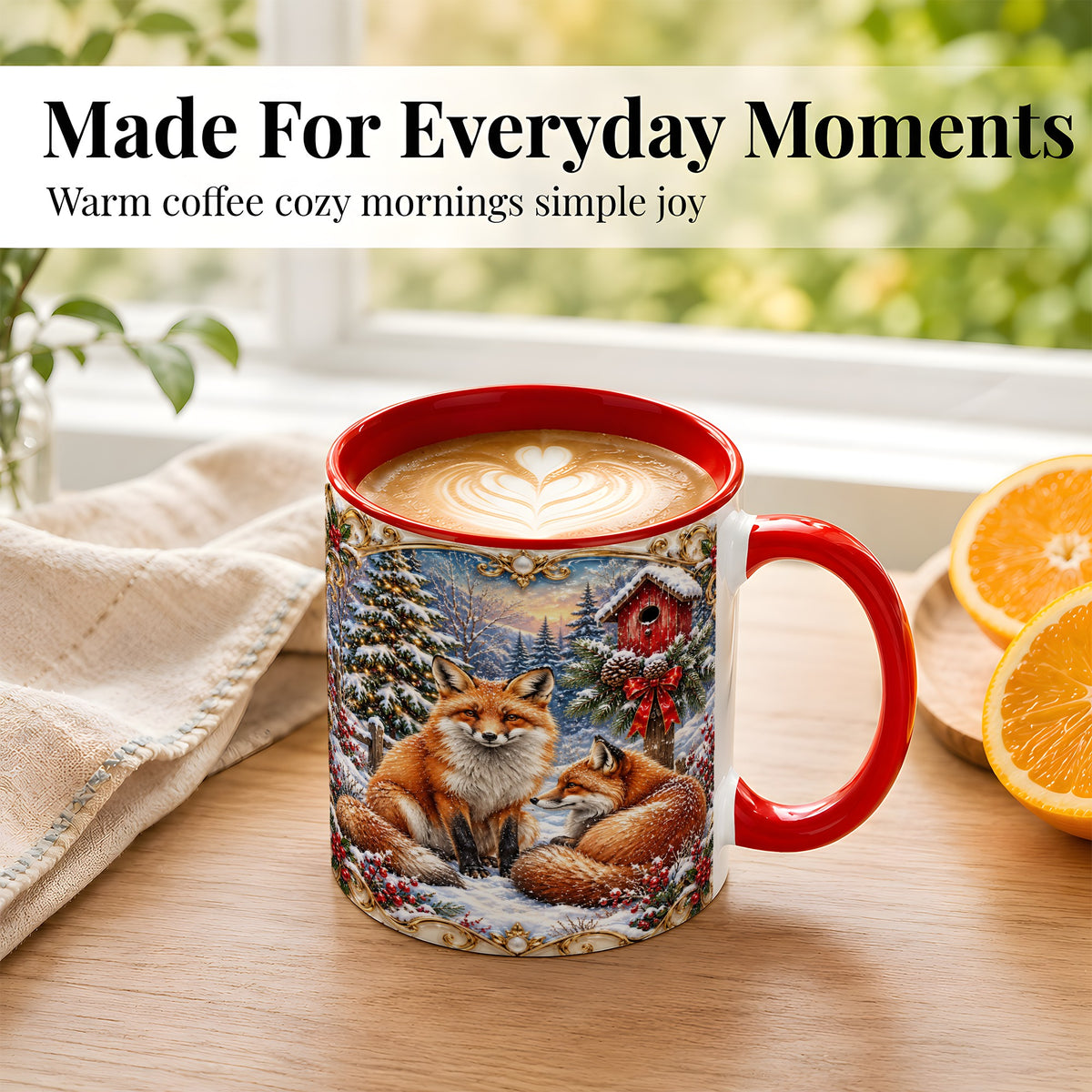#pl[11oz|Red] Christmas Fox Coffee Mug, Snowy Woodland Fox Mug, Ceramic Cup