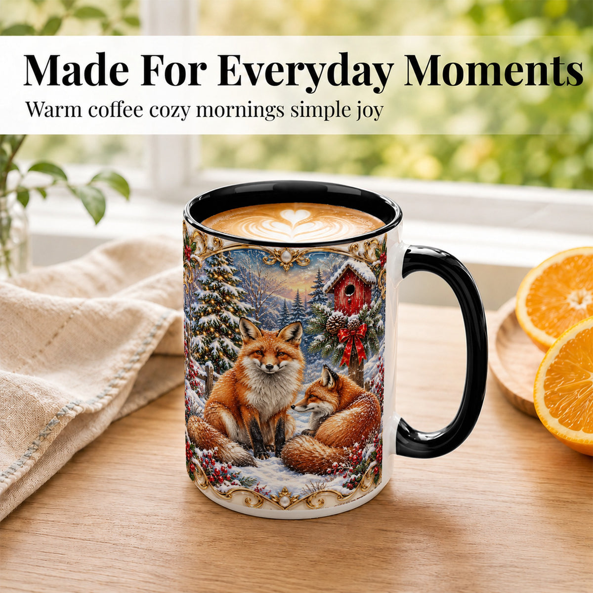 #pl[15oz|Black] Christmas Fox Coffee Mug, Snowy Woodland Fox Mug, Ceramic Cup