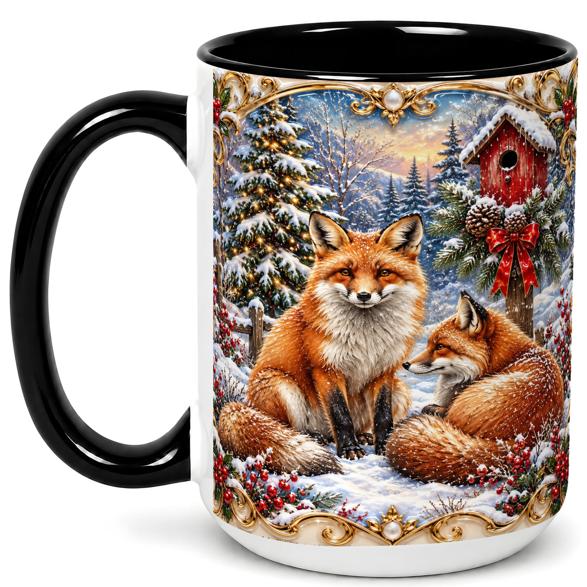 #pl[15oz|Black] Christmas Fox Coffee Mug, Snowy Woodland Fox Mug, Ceramic Cup