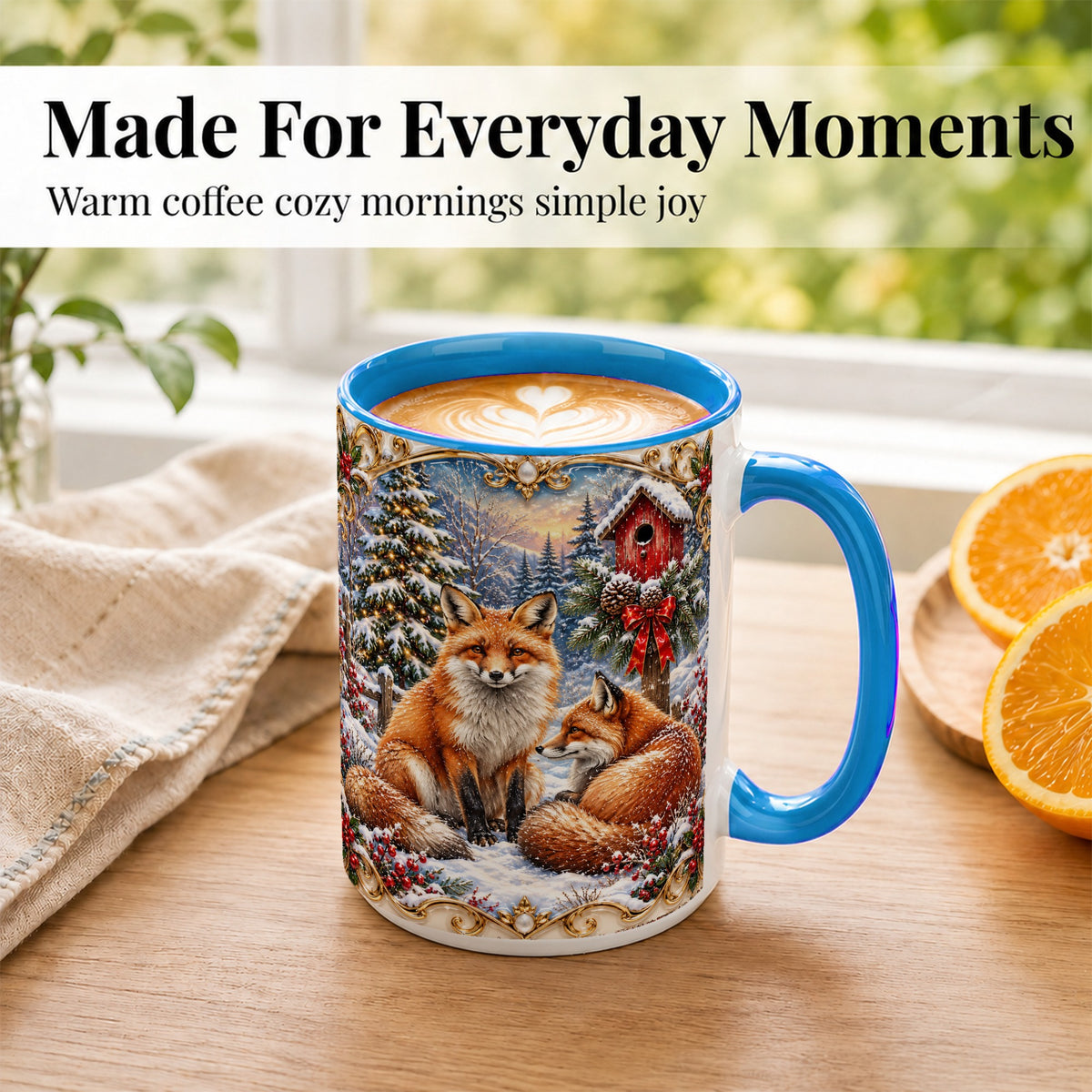 #pl[15oz|Blue] Christmas Fox Coffee Mug, Snowy Woodland Fox Mug, Ceramic Cup