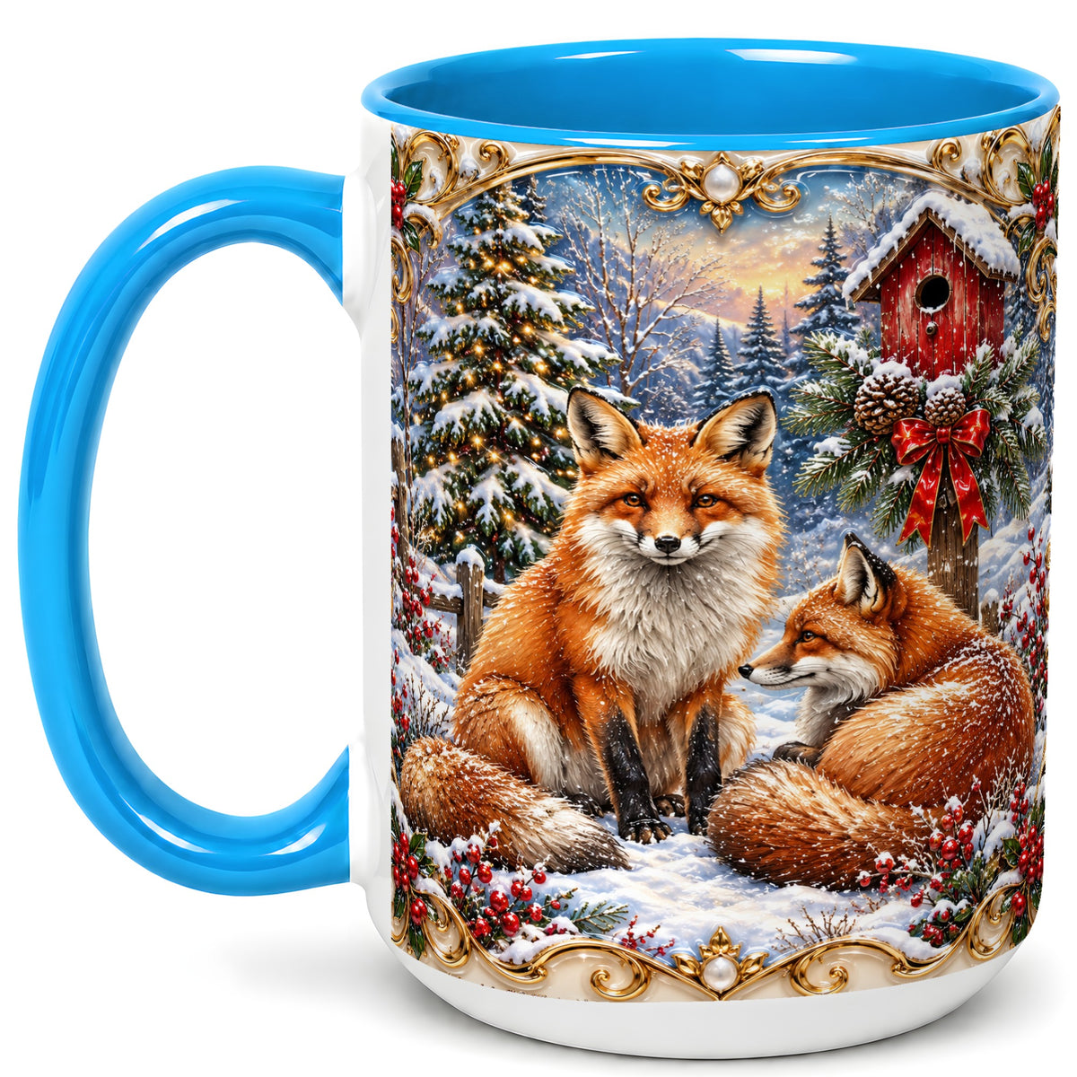 #pl[15oz|Blue] Christmas Fox Coffee Mug, Snowy Woodland Fox Mug, Ceramic Cup