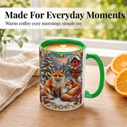 #pl[15oz|Green] Christmas Fox Coffee Mug, Snowy Woodland Fox Mug, Ceramic Cup