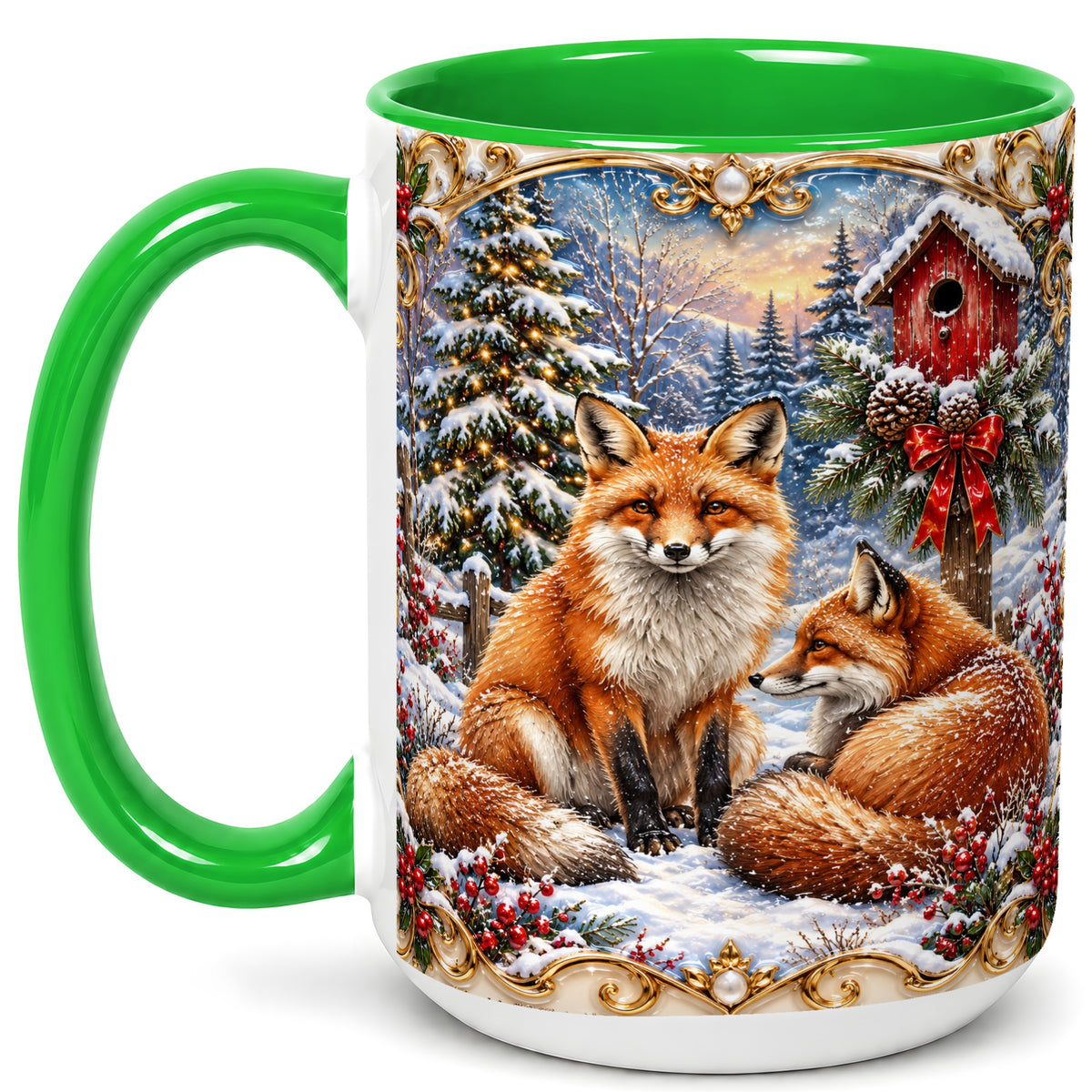 #pl[15oz|Green] Christmas Fox Coffee Mug, Snowy Woodland Fox Mug, Ceramic Cup
