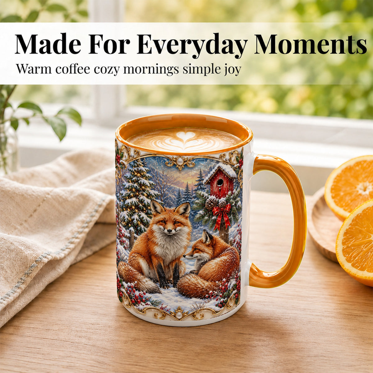#pl[15oz|Orange] Christmas Fox Coffee Mug, Snowy Woodland Fox Mug, Ceramic Cup
